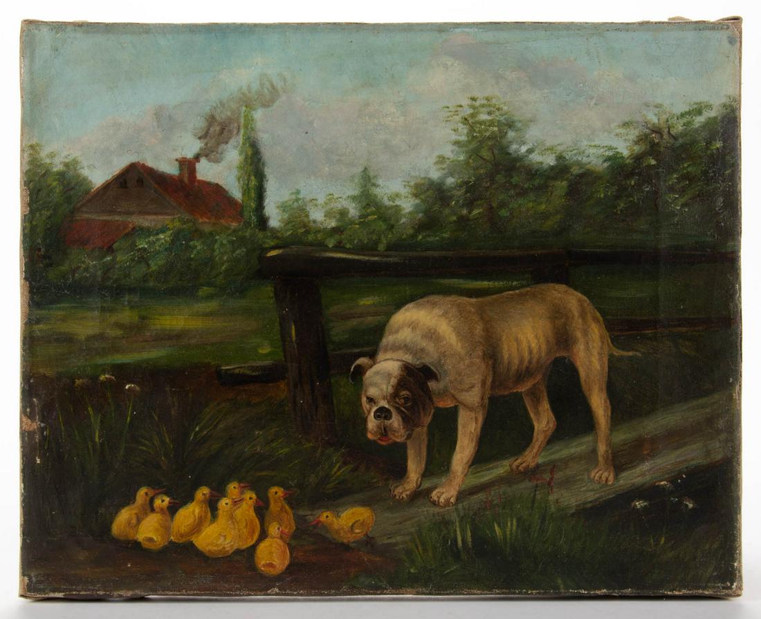 AMERICAN SCHOOL (LATE 19TH / EARLY 20TH C) FOLK ART: AMERICAN SCHOOL (LATE 19TH / EARLY 20TH C) FOLK ART CANINE PAINTING, oil on canvas, depicting a bulldog with ten ducklings, no signature located. Unframed. Late 19th/first quarter 20th century. 12" x1
