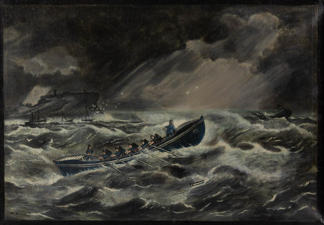 AMERICAN SCHOOL (LATE 19TH / EARLY 20TH C) FOLK ART: AMERICAN SCHOOL (LATE 19TH / EARLY 20TH C) FOLK ART NAUTICAL SCENE, oil on canvas, ominous scene, depicting a capsized sailing vessel, with seamen in a rescue boat, signed lower left "W WILSON". House