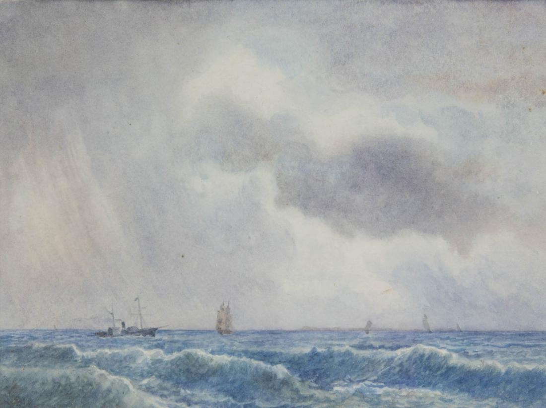 AMERICAN SCHOOL (EARLY 20TH CENTURY) NAUTICAL PAINTING: AMERICAN SCHOOL (EARLY 20TH CENTURY) NAUTICAL PAINTING, watercolor on paper, depicting ships in rough waters, no signature located. Housed under glass in a modern figured maple frame. First quarter 20