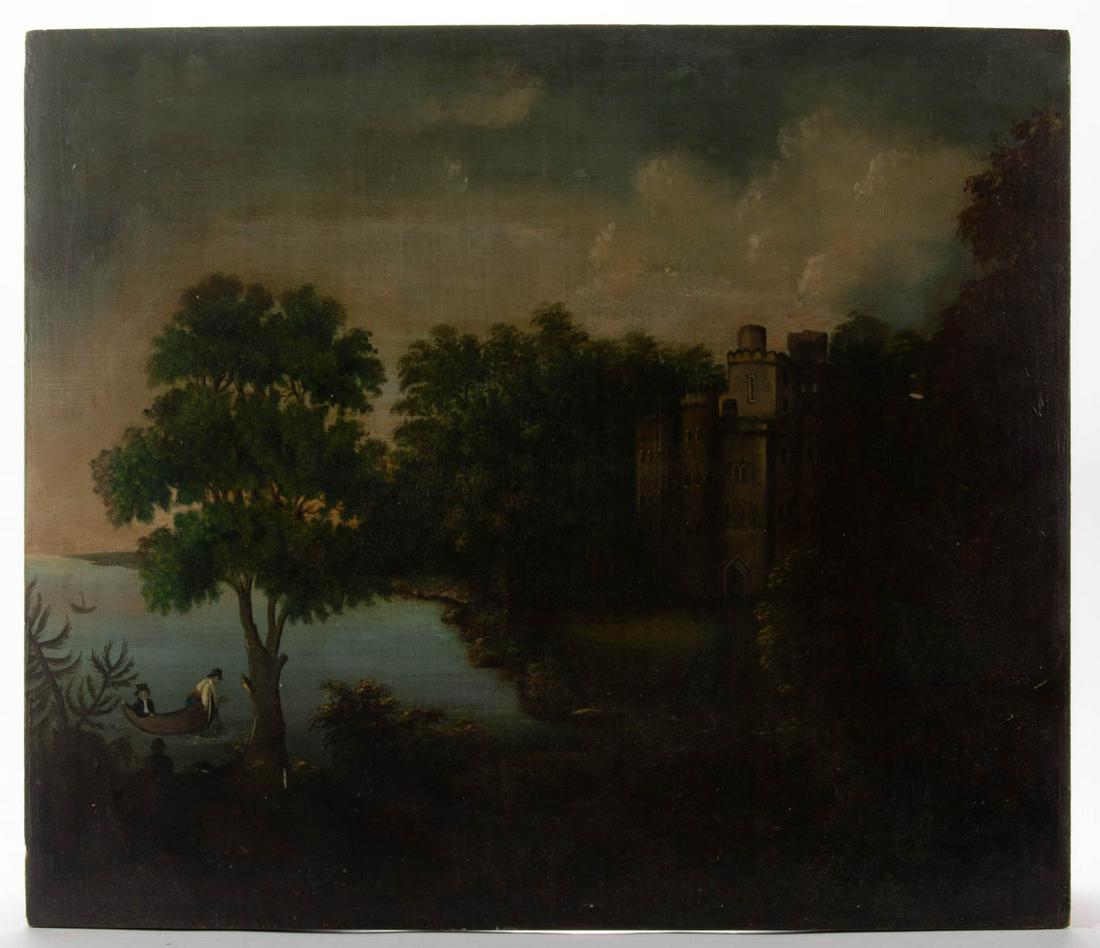 AMERICAN SCHOOL (19TH CENTURY) FOLK ART LANDSCAPE: AMERICAN SCHOOL (19TH CENTURY) FOLK ART LANDSCAPE PAINTING, oil on panel, depicting figures on a lake near a castle surrounded by trees, no signature located, titled on reverse "CASTLE ON / YONKERS, N