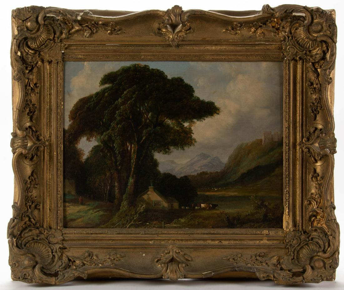 BRITISH SCHOOL (19TH CENTURY) FOLK ART LANDSCAPE: BRITISH SCHOOL (19TH CENTURY) FOLK ART LANDSCAPE PAINTING, oil on panel, depicting a large tree over hanging a cottage with cattle and mountains in the distance., no signature located. Housed in likel