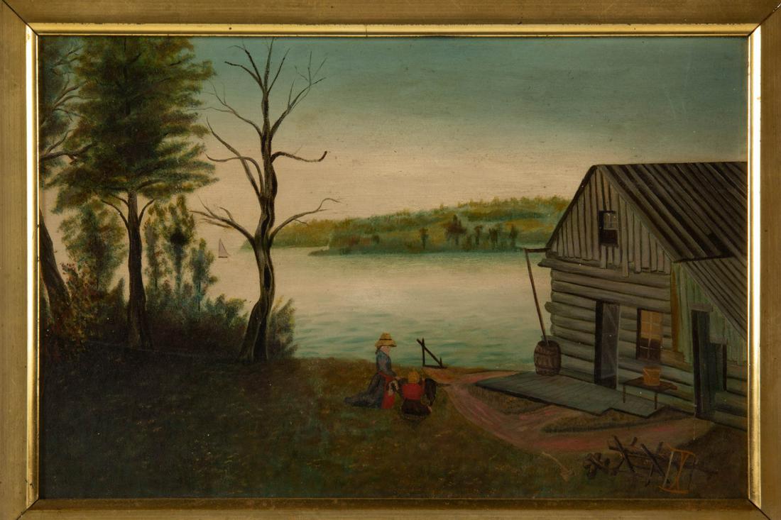 AMERICAN SCHOOL (19TH CENTURY) FOLK ART LANDSCAPE: AMERICAN SCHOOL (19TH CENTURY) FOLK ART LANDSCAPE PAINTING, oil on board, depicting a log cabin with children, and a boat on a lake in the background, no signature located. Housed in likely original g