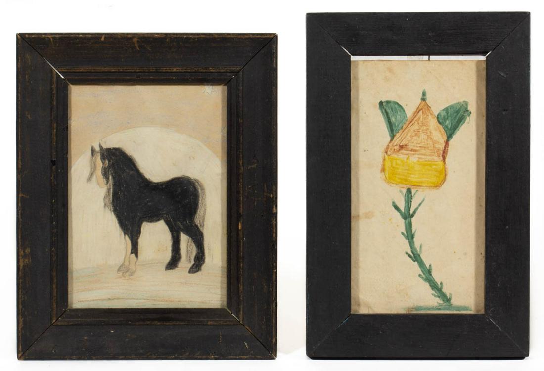 AMERICAN SCHOOL (19TH CENTURY) FOLK ART PRIMITIVE: AMERICAN SCHOOL (19TH CENTURY) FOLK ART PRIMITIVE DRAWINGS, LOT OF TWO, comprising a flower with note on reverse "This drawing is signed and dated 1856", and a horse. Housed under glass in black-paint