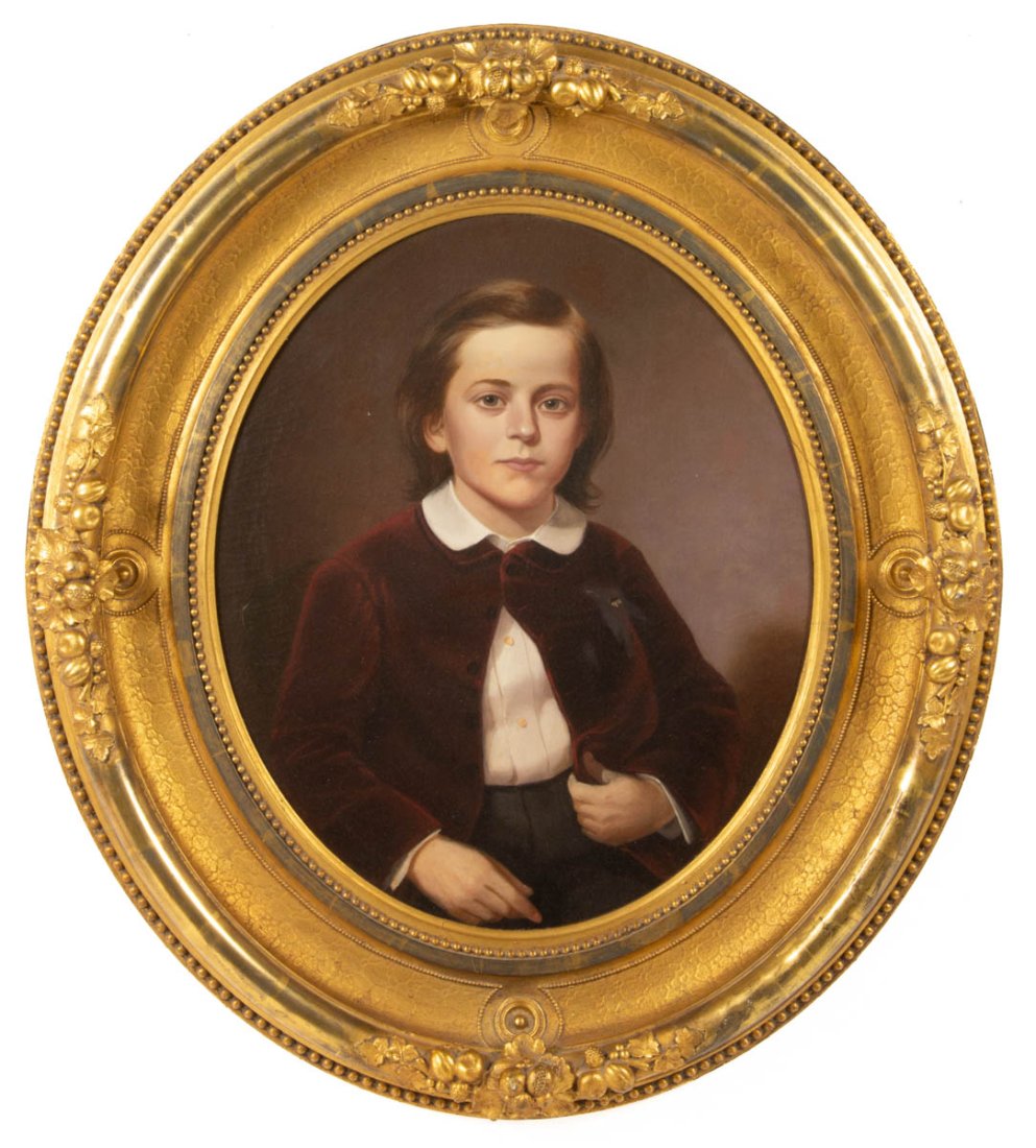AMERICAN SCHOOL (19TH CENTURY) PORTRAIT OF A YOUNG BOY: AMERICAN SCHOOL (19TH CENTURY) PORTRAIT OF A YOUNG BOY, oil on canvas, oval form, depicting a full-length seated figure wearing a red jacket, no signature located. Housed in likely original gilt molde