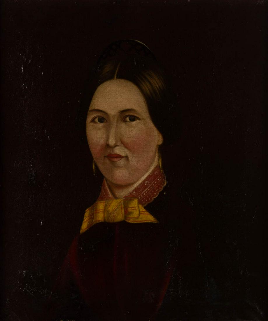 AMERICAN SCHOOL (19TH CENTURY) FOLK ART PORTRAIT OF A: AMERICAN SCHOOL (19TH CENTURY) FOLK ART PORTRAIT OF A LADY, bust-length depiction of a sitter wearing a red dress and having a black comb in her hair, no signature located. Housed in likely original p