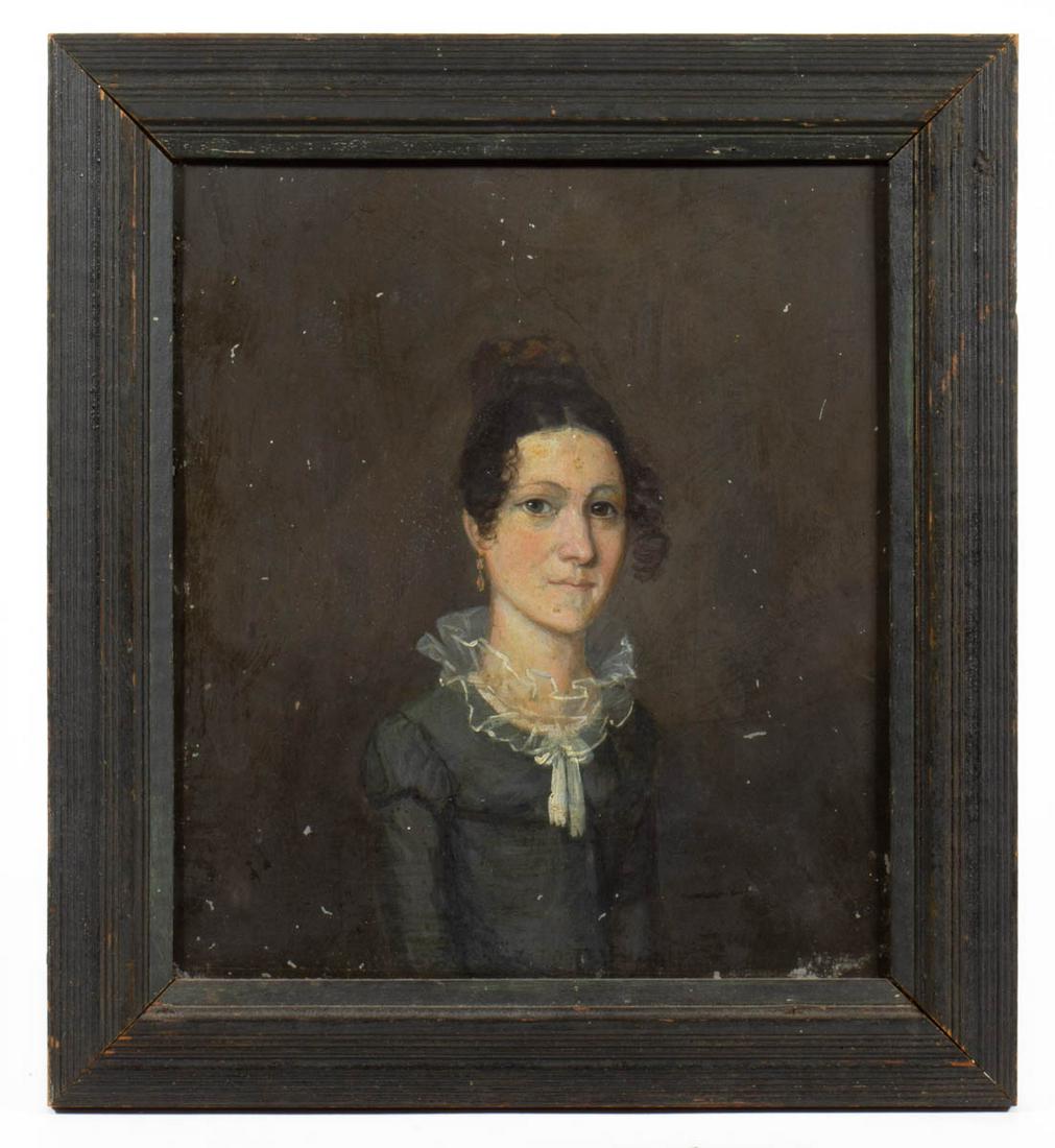 AMERICAN SCHOOL (19TH CENTURY) FOLK ART PORTRAIT OF A: AMERICAN SCHOOL (19TH CENTURY) FOLK ART PORTRAIT OF A YOUNG LADY, oil on tin, waist-length depiction of sitter wearing earrings and blue-dress with lace, no signature located. Housed in a painted pine