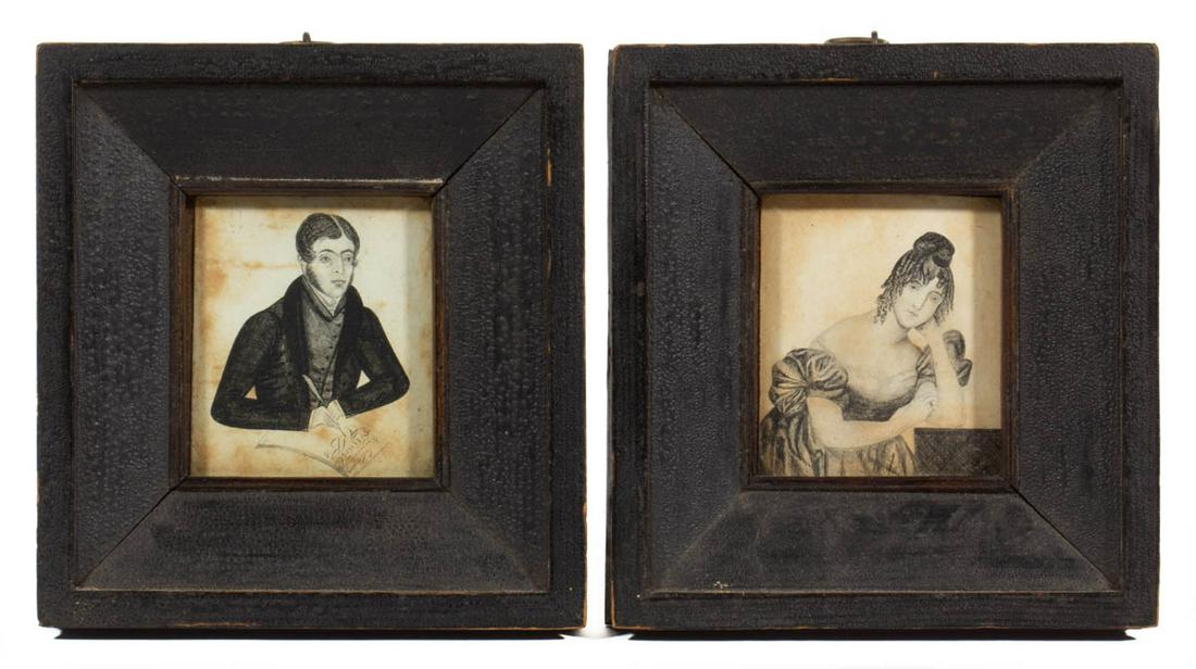 PAIR OF AMERICAN OR BRITISH SCHOOL (19TH CENTURY) FOLK: PAIR OF AMERICAN OR BRITISH SCHOOL (19TH CENTURY) FOLK ART MINIATURE PORTRAITS, pencil and ink on paper, en grisaille waist-length depictions of seated figures, gentleman holding a paper signed "Penma