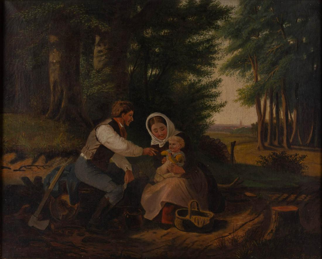 AMERICAN SCHOOL (19TH CENTURY) FOLK ART FAMILY SCENE: AMERICAN SCHOOL (19TH CENTURY) FOLK ART FAMILY SCENE, oil on canvas, depicting a mother and father with child, with an axe resting next to the father, illegible signature and date in lower right. Hous