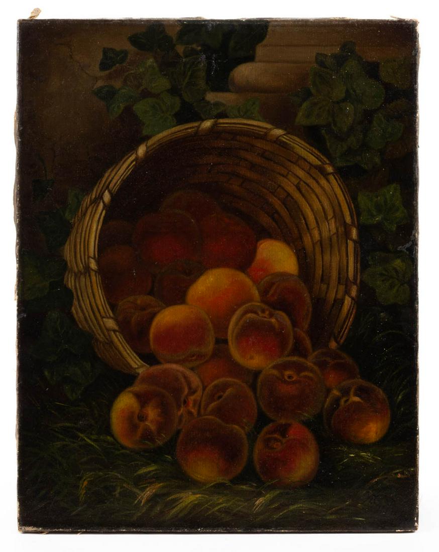 AMERICAN SCHOOL (19TH CENTURY) FOLK ART STILL-LIFE: AMERICAN SCHOOL (19TH CENTURY) FOLK ART STILL-LIFE, oil on canvas, depicting a stave-type woven-splint basket full of peaches nestled amongst the ivy, signed lower right "W.G. Pink", with illegible pe