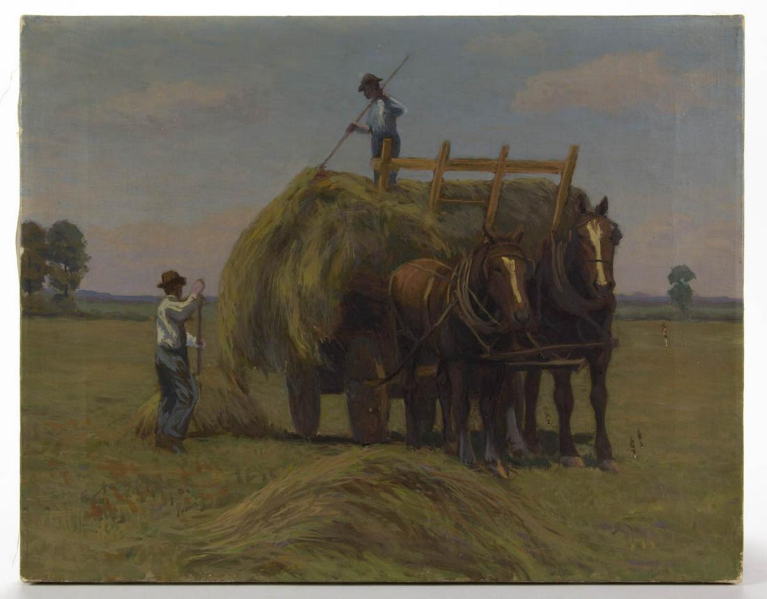 AMERICAN SCHOOL (20TH CENTURY) HAYING SCENE: AMERICAN SCHOOL (20TH CENTURY) HAYING SCENE, oil on canvas, vibrant colors, two farmers with horse team working the fields, with mountains in the background, inscribed on reverse "V.T. DANIELL / U.P. 