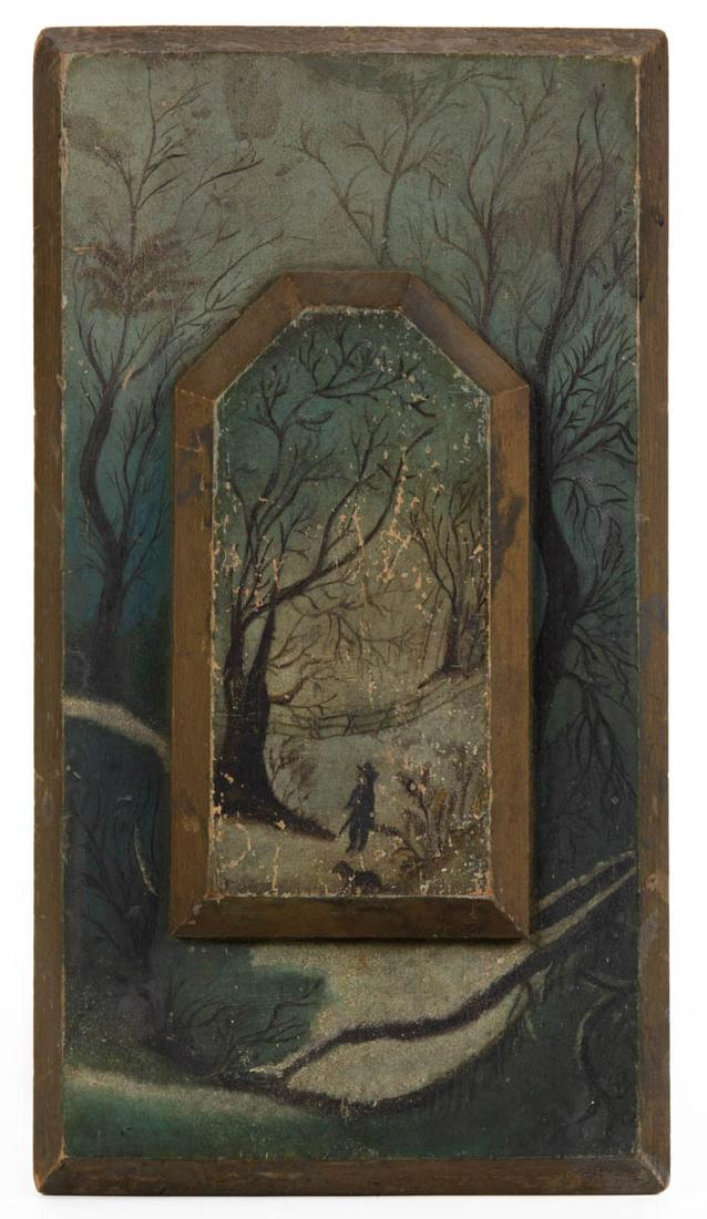 AMERICAN SCHOOL (19TH CENTURY) FOLK ART WINTER SCENE: AMERICAN SCHOOL (19TH CENTURY) FOLK ART WINTER SCENE, oil on poplar panel, composed of two stacked panels with beveled edges, the top panel of smaller size, the scene featuring a figure and dog in the