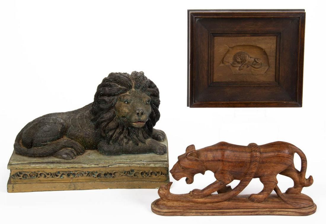 FOLK ART CARVED WOODEN LION / TIGER, LOT OF TWO: FOLK ART CARVED WOODEN LION / TIGER, LOT OF TWO, comprising a plaque after Bertel Thorvaldsen (1770-1844) "Lion of Lucerne" housed under glass in a modern frame, and a tiger tangling with a serpent /