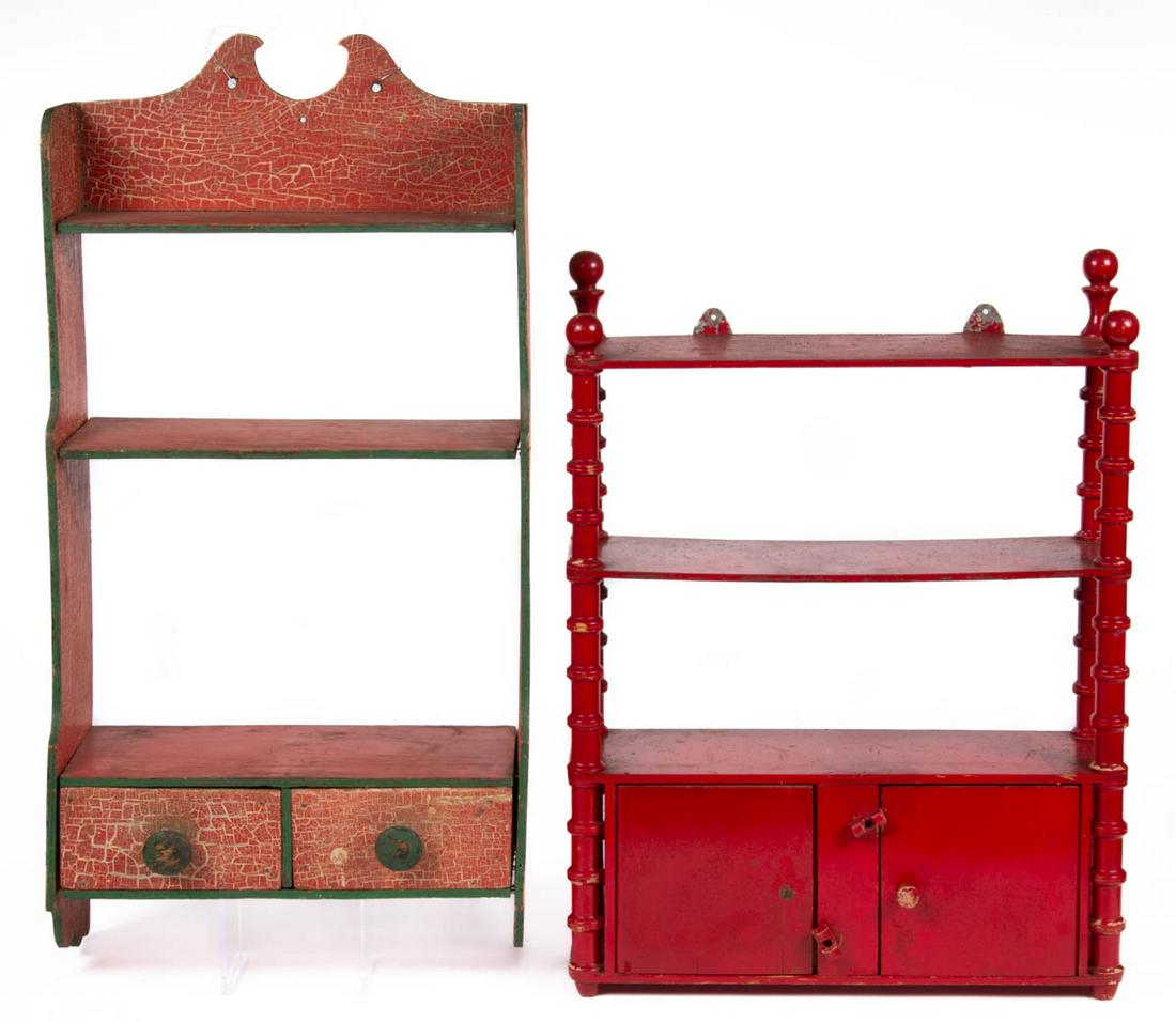 AMERICAN FOLK ART COUNTRY PAINTED HANGING CABINET /: AMERICAN FOLK ART COUNTRY PAINTED HANGING CABINET / SHELVES, LOT OF TWO, comprising one with shelves and two cabinet doors and spool columns, other example with two short drawers with likely original 