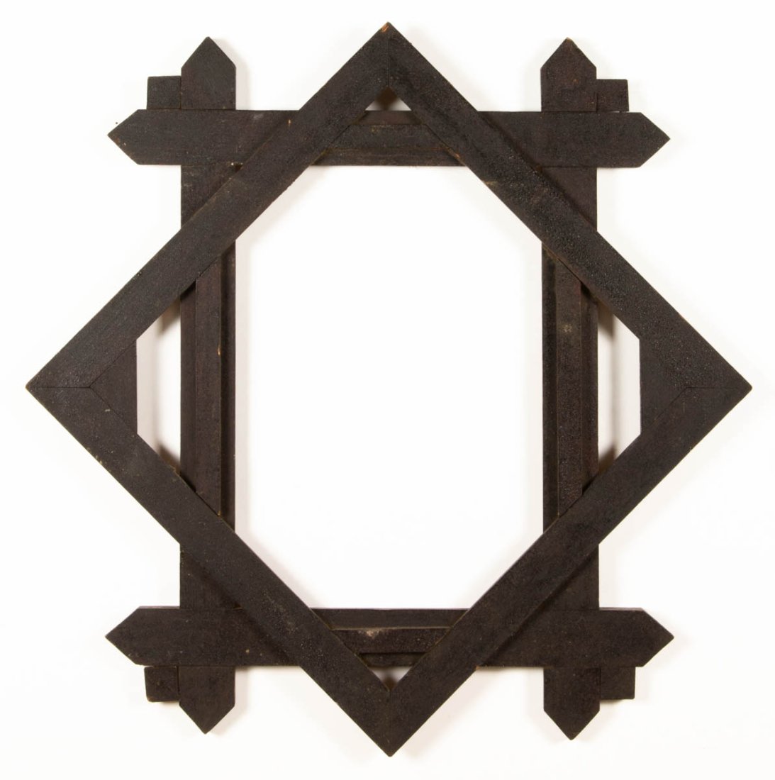 MID-ATLANTIC YELLOW PINE FOLK ART PICTURE FRAME: MID-ATLANTIC YELLOW PINE FOLK ART PICTURE FRAME, nailed construction, with diamond geometric pattern. Retains likely original surface with rich color. Possibly Valley of Virginia. Fourth quarter 19th 