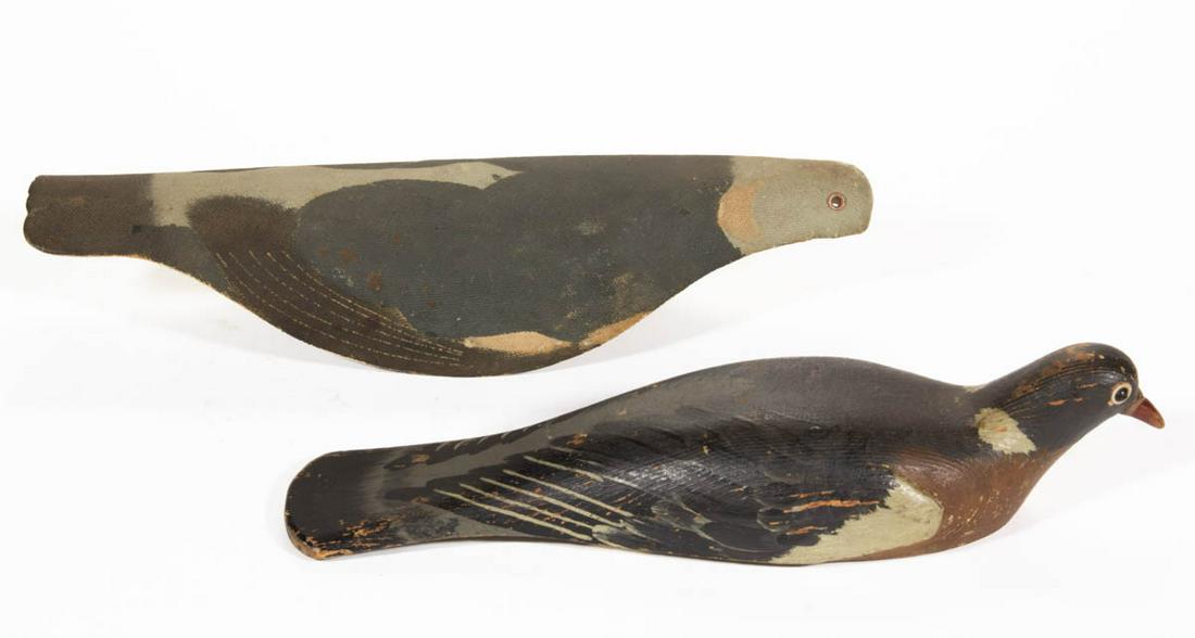 MAX BAKER PIGEON DECOYS, LOT OF TWO: MAX BAKER PIGEON DECOYS, LOT OF TWO, comprising a painted canvas shell example marked "The / MAX BAKER / PIGEON DECOY / PATENT APPLIED FOR", and carved painted wooden example marked "PAT 431190". Old 