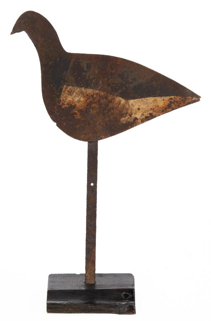 AMERICAN FOLK ART PAINTED CUT-OUT SHEET-IRON DOVE DECOY: AMERICAN FOLK ART PAINTED CUT-OUT SHEET-IRON DOVE DECOY, oversized stick-up form retaining old painted surface. Presented on a custom stand. First half 20th century. 22 1/2" HOA (including stand), 15"