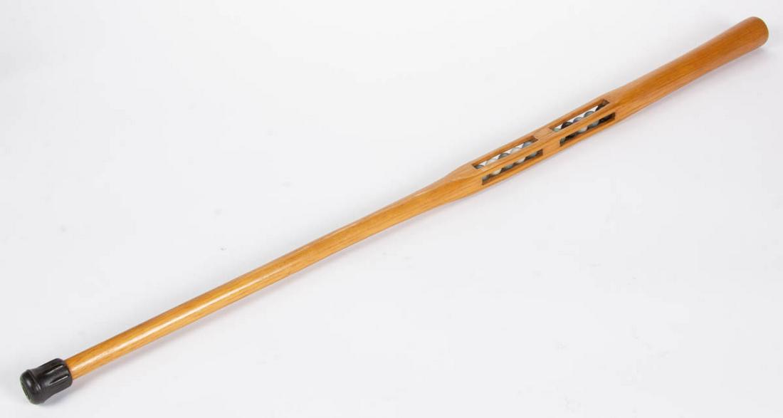 AMERICAN TRAMP ART WITH MARBLES CANE: AMERICAN TRAMP ART WITH MARBLES CANE, inset with swirled marbles. Retains an old refinished surface with warm color. First half 20th century. 34 1/2" H.Provenance: From the John and late Evelyn Teague