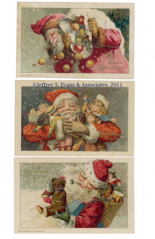 WINSCH SANTA CLAUS POST CARDS, LOT OF THREE: WINSCH SANTA CLAUS POST CARDS, LOT OF THREE, series 4959, one with a black doll. First quarter 20th century. Provenance: From a Virginia private collection.