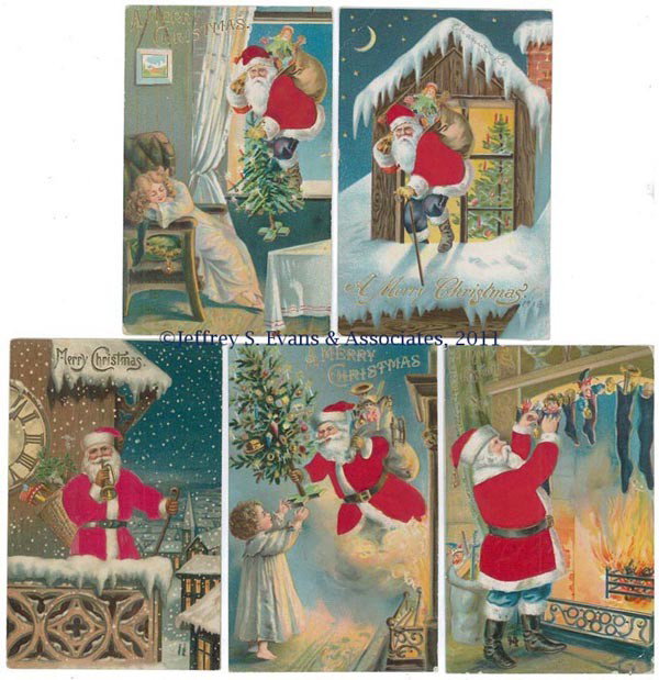 SILK-ROBE SANTA CLAUS POST CARDS, LOT OF FIVE: SILK-ROBE SANTA CLAUS POST CARDS, LOT OF FIVE, each with a bag of toys, two also carrying a tree. First quarter 20th century. Provenance: From a Virginia private collection.