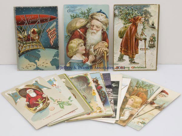 ASSORTED SANTA CLAUS POST CARDS, LOT OF 20: ASSORTED SANTA CLAUS POST CARDS, LOT OF 20, most full length, red and brown robes, one flying an airship over the Panama Canal, several partial series sets, Tucks, etc. First quarter 20th century. Pro
