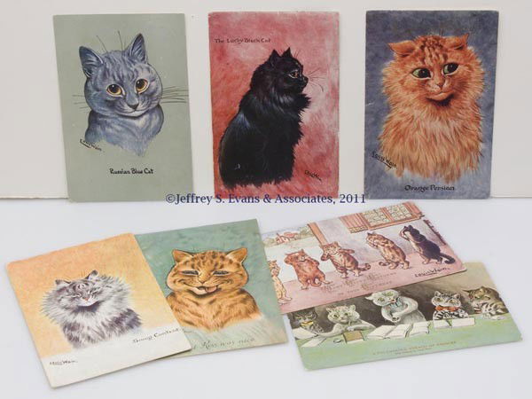 ASSORTED LOUIS WAIN CATS POST CARDS, LOT OF SEVEN: ASSORTED LOUIS WAIN CATS POST CARDS, LOT OF SEVEN, six signed, one after Wain. First quarter 20th century. Provenance: From a Virginia private collection.