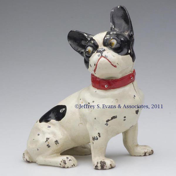 FRENCH BULLDOG SITTING CAST-IRON DOORSTOP: FRENCH BULLDOG SITTING CAST-IRON DOORSTOP, hollow full figure, probably old repaint. Hubley or National Foundry. First half 20th century. 7 3/4" H, 6 1/2" W. Provenance: From a New York estate.