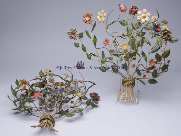 PAIR OF ITALIAN TOLE WALL DECORATIONS: PAIR OF ITALIAN TOLE WALL DECORATIONS, depicting polychrome decorated floral arrangements. Mid 20th century. Roughly 18" x 17". Provenance: From a New York estate.