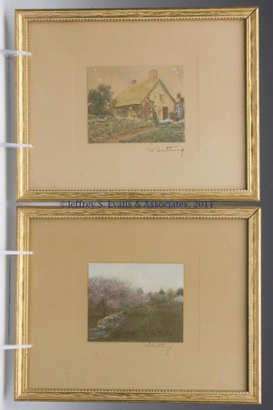 TWO WALLACE NUTTING HAND-COLORED PRINTS: TWO WALLACE NUTTING HAND-COLORED PRINTS, depicting a cottage with garden and an orchard with a stone wall, each signed on original mat, giltwood frames. First half 20th century. 3" x 4" prints. Proven