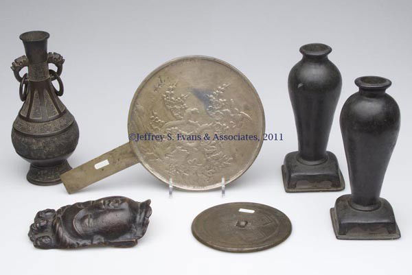 ASSORTED CHINESE BRONZE ARTICLES, LOT OF SIX: ASSORTED CHINESE BRONZE ARTICLES, LOT OF SIX, comprising three vases, a mask, and two hand mirrors. Probably 19th and 20th centuries. Tallest 7 1/2" H.