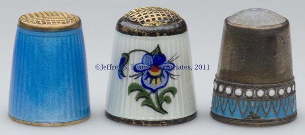 NORWEGIAN ENAMEL ON STERLING SILVER THIMBLES, LOT : NORWEGIAN ENAMEL ON STERLING SILVER THIMBLES, LOT OF THREE, consisting of two David Anderson examples including one featuring white beading over turquoise enamel and a moonstone color stone cap, and t