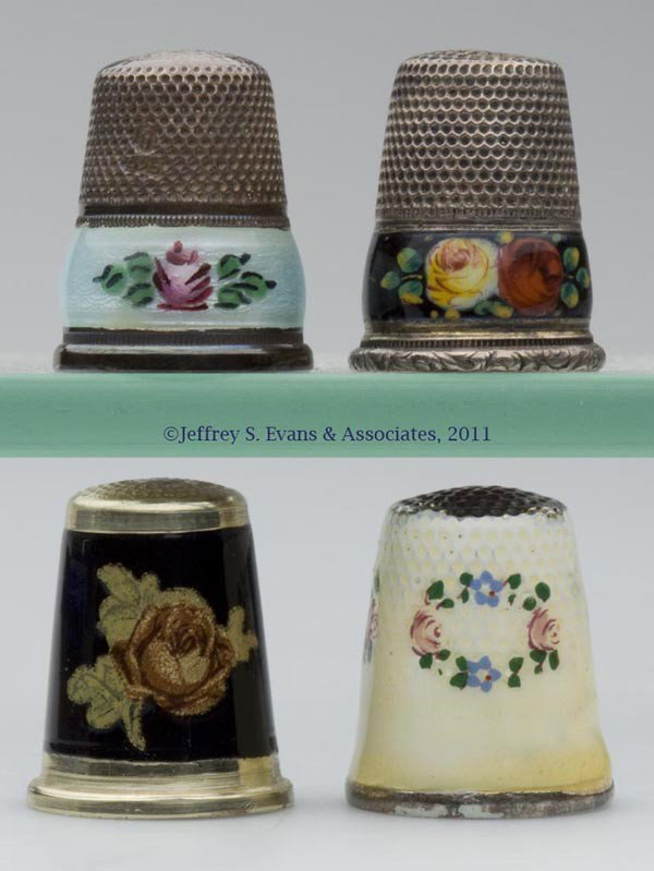 GERMAN ENAMELED THIMBLES, LOT OF FOUR: GERMAN ENAMELED THIMBLES, LOT OF FOUR, consisting of one narrow and one wide band, each with black ground; a narrow band with pale green ground; and a wide band with yellow ground. Each with pink rose