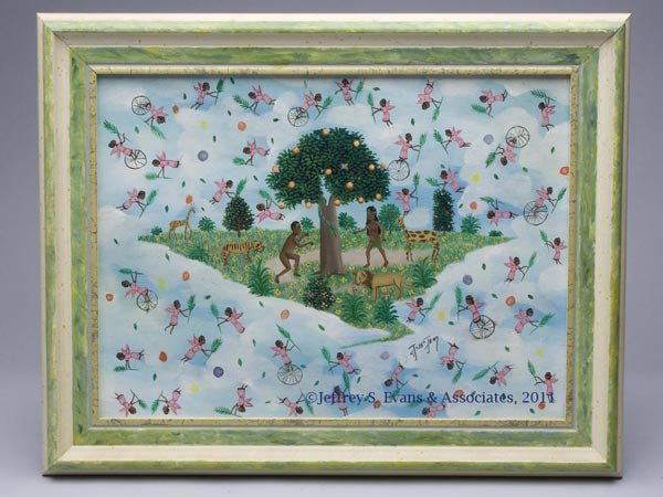 JEAN-BAPTISTE JEAN (HAITI, 1953-2002) SPIRITUAL PA: JEAN-BAPTISTE JEAN (HAITI, 1953-2002) SPIRITUAL PAINTING, oil on masonite, depicting Adam and Eve in the Garden of Eden, signed lower right, painted frame probably original. Fourth quarter 20th centur
