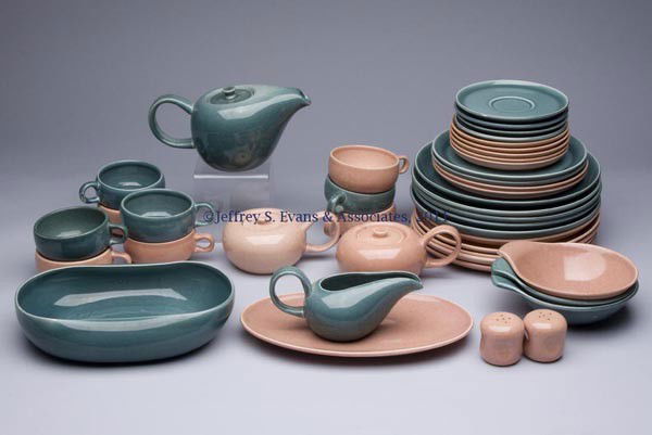 RUSSELL WRIGHT AMERICAN MODERN DINNERWARE, LOT OF: RUSSELL WRIGHT AMERICAN MODERN DINNERWARE, LOT OF 42, Coral and Seafoam, comprised of ten 10" dinner plates, four 8 1/8" salad/dessert plates, five 6 1/4" bread and butter plates, nine cups, four sauc