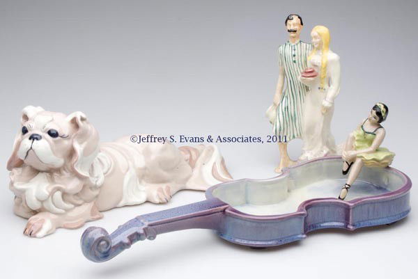 20TH-CENTURY AMERICAN FIGURAL POTTERY ARTICLES, LO: 20TH-CENTURY AMERICAN FIGURAL POTTERY ARTICLES, LOT OF FOUR, comprised of a Kay Finch Pekingese dog; a Brayton Laguna Pottery figure depicting a bedtime couple; a Ceramic Arts Studio ballerina for she