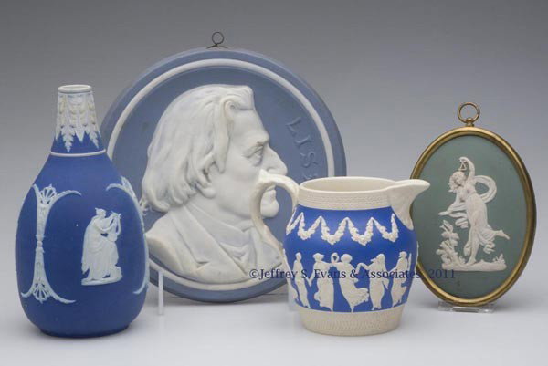 EUROPEAN JASPERWARE AND OTHER ARTICLES, LOT OF FOU: EUROPEAN JASPERWARE AND OTHER ARTICLES, LOT OF FOUR, green and blue with white, comprising two plaques, one impressed "Adams/Tunstall", one with profile of Liszt, a gourd-form vase, and a glazed pitch