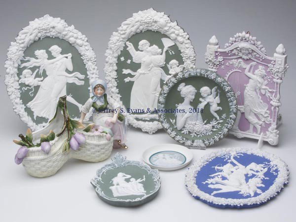 CONTINENTAL JASPERWARE PLAQUES AND OTHER ARTICLES,: CONTINENTAL JASPERWARE PLAQUES AND OTHER ARTICLES, LOT OF SEVEN, blue, green and lavender with white, including a marked "Limoges" pin tray, others with various impressed numbers on reverse. Together