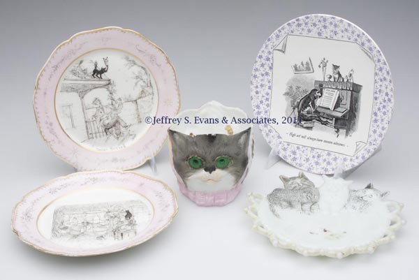 CERAMIC AND GLASS CAT RELATED ARTICLES, LOT OF FIV: CERAMIC AND GLASS CAT RELATED ARTICLES, LOT OF FIVE, comprised two Haviland plates and an Opaque De Sarreguemines, each with floral rim and central stamped copy with various verses, each with maker's 