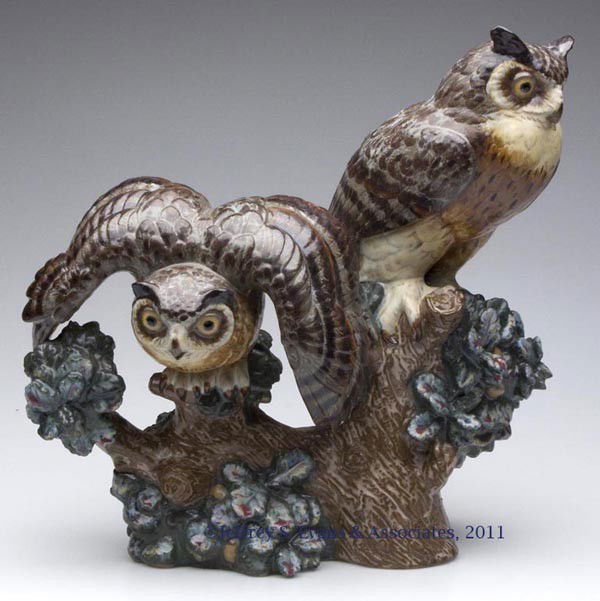 LLADRO FIGURAL GROUP: LLADRO FIGURAL GROUP, polychrome decoration, featuring two owls on a branch with foliage, base marked with trademark twice, and "A Ballester / Ana Martinez / No. 288". 20th century. 14 3/4" HOA, 7" x