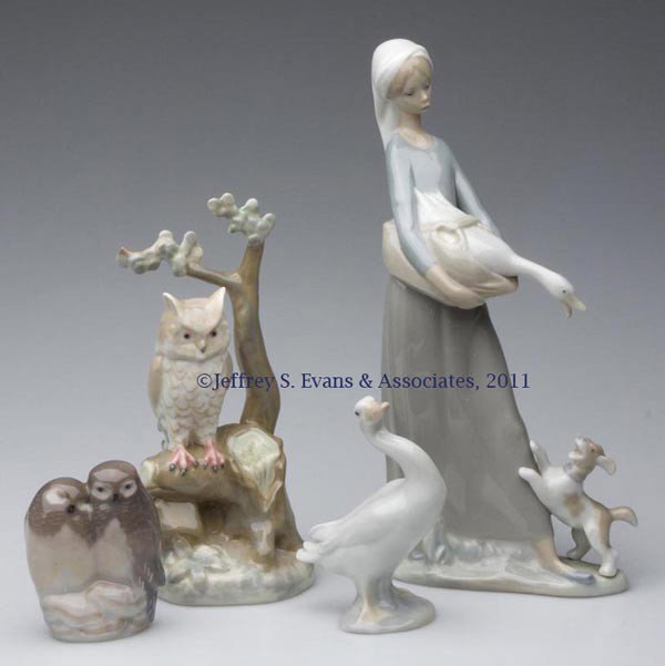 EUROPEAN CERAMIC FIGURES, LOT OF FOUR: EUROPEAN CERAMIC FIGURES, LOT OF FOUR, polychrome decoration, comprising Lladro, Nao, Rex and Royal Copenhagen marks. 20th century. 3 1/2" to 10" HOA.