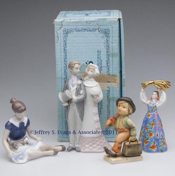 EUROPEAN CERAMIC FIGURES, LOT OF FOUR: EUROPEAN CERAMIC FIGURES, LOT OF FOUR, polychrome decoration, comprising a B & G seated girl with kitten, a Hummel, Lladro wedding couple with original box, and a peasant woman with various marks incl