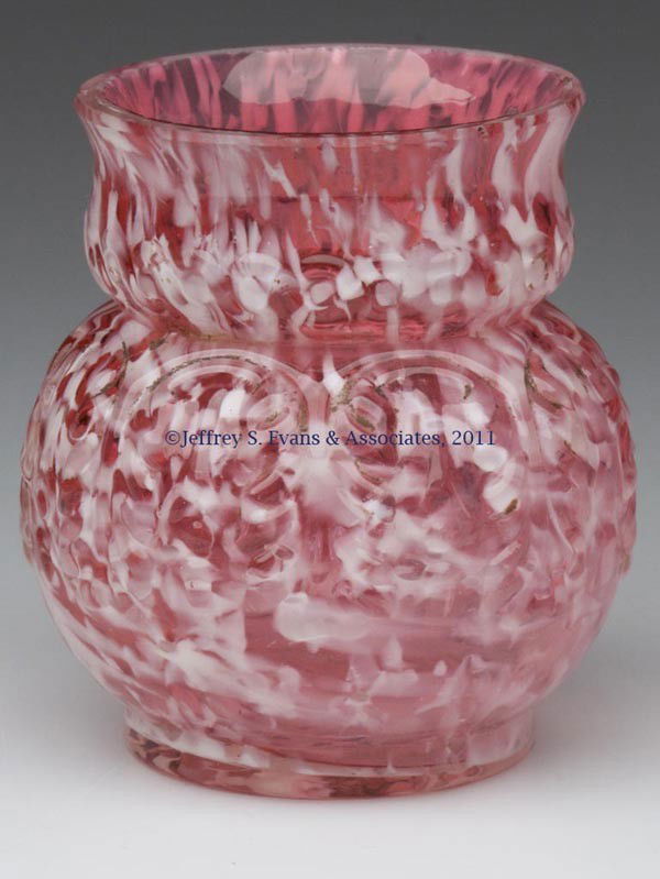 NORTHWOOD NO. 263 / LEAF UMBRELLA TOOTHPICK HOLDER: NORTHWOOD NO. 263 / LEAF UMBRELLA TOOTHPICK HOLDER, cased cranberry with opal spatter, factory polished rim. Northwood Glass Co. Late 19th/early 20th century. 2 1/2" H. Literature: Heacock I, fig. 177