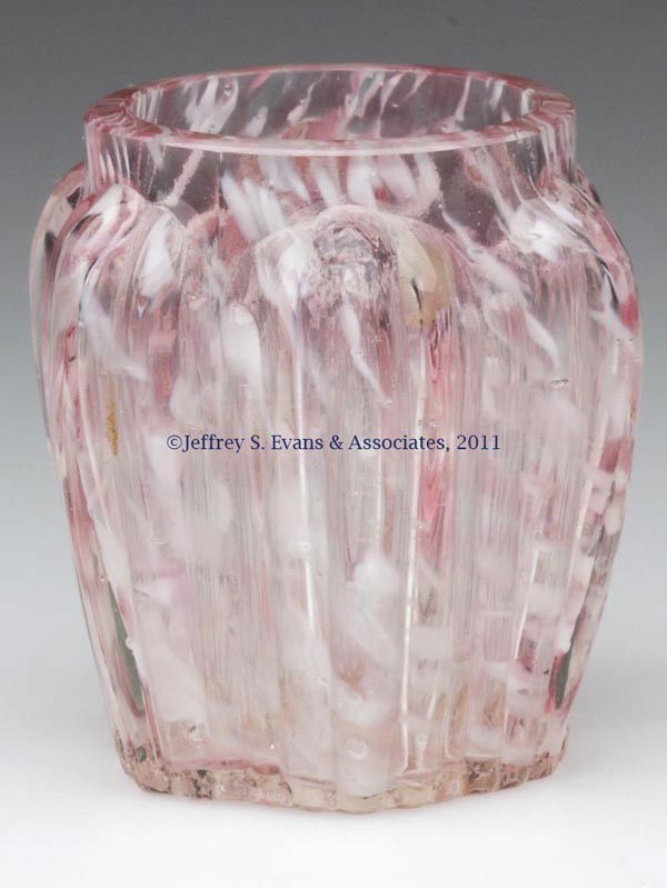 PILLAR, RIBBED TOOTHPICK HOLDER: PILLAR, RIBBED TOOTHPICK HOLDER, colorless with cranberry and opal spatter, factory-polished rim. Northwood Glass Co. Fourth quarter 19th century. 2 1/4" H. Provenance: From the collection of Edward N