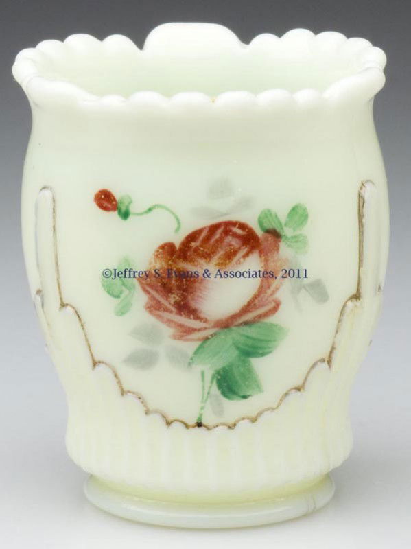 RIBBED DRAPE TOOTHPICK HOLDER: RIBBED DRAPE TOOTHPICK HOLDER, custard with floral polychrome and gilt decoration. Jefferson Glass Co. First quarter 20th century. 2 1/2" H. Provenance: From the collection of Edward N. Cooke.