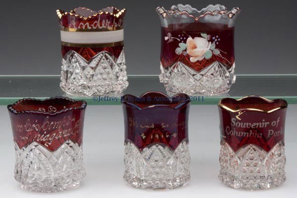 VARIOUS PATTERNS - RUBY-STAINED TOOTHPICK HOLDERS,: VARIOUS PATTERNS - RUBY-STAINED TOOTHPICK HOLDERS, LOT OF FIVE, colorless, two examples with floral polychrome decoration, three examples with gilt decoration, comprised of three Button Arches, one ex