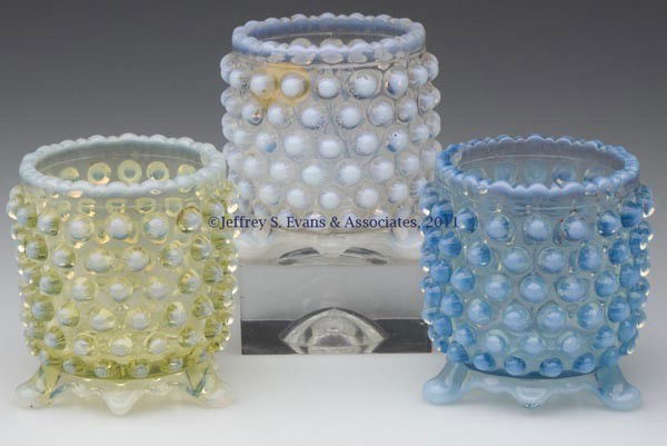 BEATTY NO. 100 / OVER-ALL HOBNAIL TOOTHPICK HOLDER: BEATTY NO. 100 / OVER-ALL HOBNAIL TOOTHPICK HOLDERS, LOT OF THREE, blue, colorless and vaseline opalescent. A. J. Beatty & Sons. Early 20th century. 2 3/8" H. Provenance: From the collection of Edward