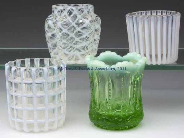 VARIOUS OPALESCENT PATTERNS TOOTHPICK HOLDERS, LOT: VARIOUS OPALESCENT PATTERNS TOOTHPICK HOLDERS, LOT OF FOUR, colorless and green opalescent, comprised of a Paneled Sprig, a Beatty Honeycomb, a Beatty Rib, and an Iris With Meander. Late 19th/early 20