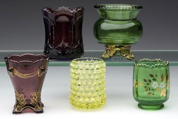 VICTORIAN COLORED GLASS TOOTHPICK HOLDERS, LOT OF: VICTORIAN COLORED GLASS TOOTHPICK HOLDERS, LOT OF FIVE, three examples with gilt decoration, comprised of an amethyst Iris With Meander and Swag With Brackets; a green Colorado and Tiny Optic with pol