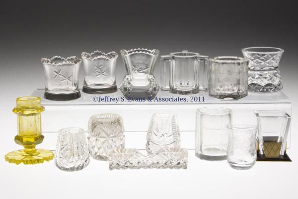 VARIOUS CUT AND ENGRAVED GLASS TOOTHPICK HOLDERS,: VARIOUS CUT AND ENGRAVED GLASS TOOTHPICK HOLDERS, LOT OF 14, one vaseline and remaining colorless, five examples with engraved decoration, comprised of an unpatterned example fitted in a brass holder,