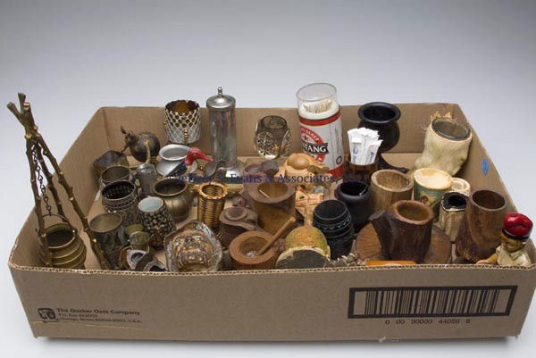 VARIOUS MATERIALS TOOTHPICK / MATCH HOLDERS, LOT O: VARIOUS MATERIALS TOOTHPICK / MATCH HOLDERS, LOT OF 43, comprised of 15 wooden examples, including four carved figural examples; 15 metal examples, including a bobbing woodpecker, an abalone example,