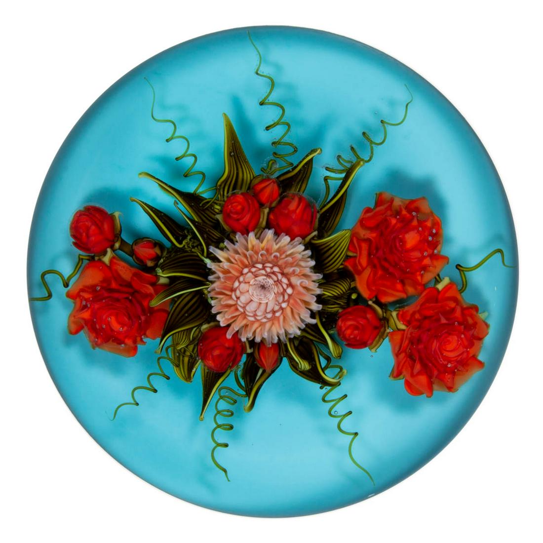 DAVID GRAEBER (AMERICAN, B. 1967) CHRYSANTHEMUM AND ROSES LAMPWORK STUDIO ART GLASS PAPERWEIGHT (1 of 2)
